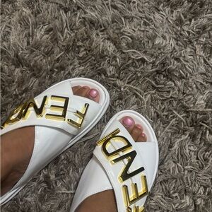 Fendi White Sandals with Gold Accents